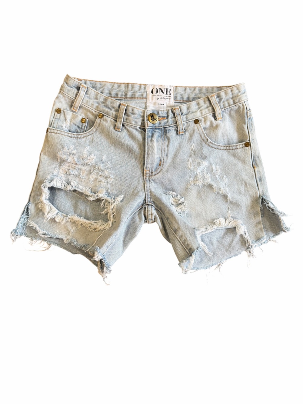 One Teaspoon Trashed Freebirds Distressed Denim Shorts Women’s 26 Light Wash